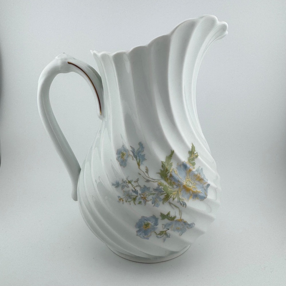 Haviland Limoges France Porcelain Pitcher Blue Floral Swirl Optic Gold Trim